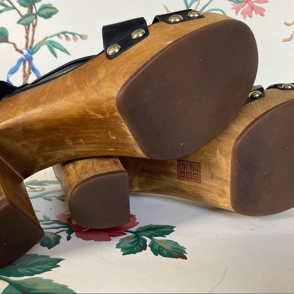 Coach Strappy Black Leather Platform Wooden Clogs - Picture 3 of 9